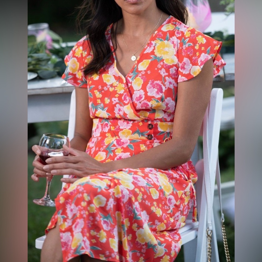 Sienna Sky Red Floral Wrap Midi Dress with Yellow & Pink Blooms